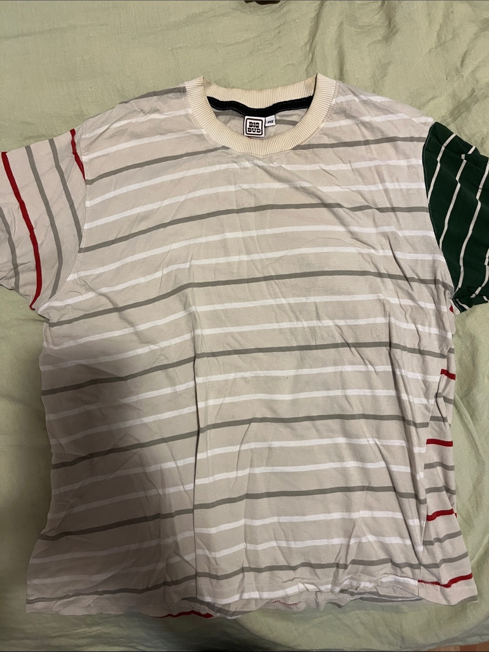 Big Bud Crewneck Striped Tee in Beige & Gray size medium